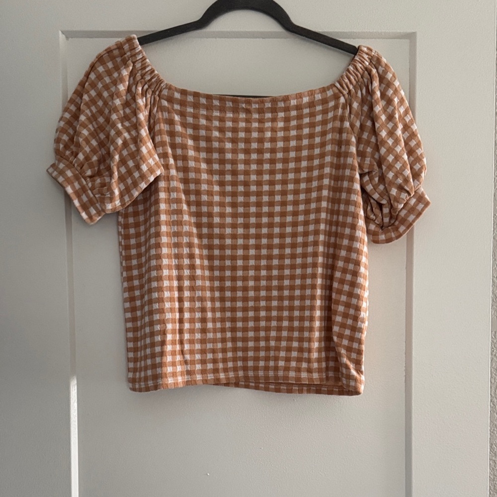 LOFT Tan and White Gingham Off-Shoulder Puff Sleeve Top